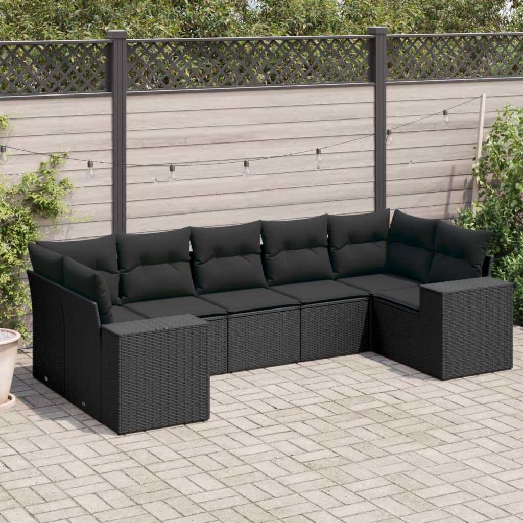 Set Divani Da Giardino Con Cuscini 7pz Nero Polyrattan