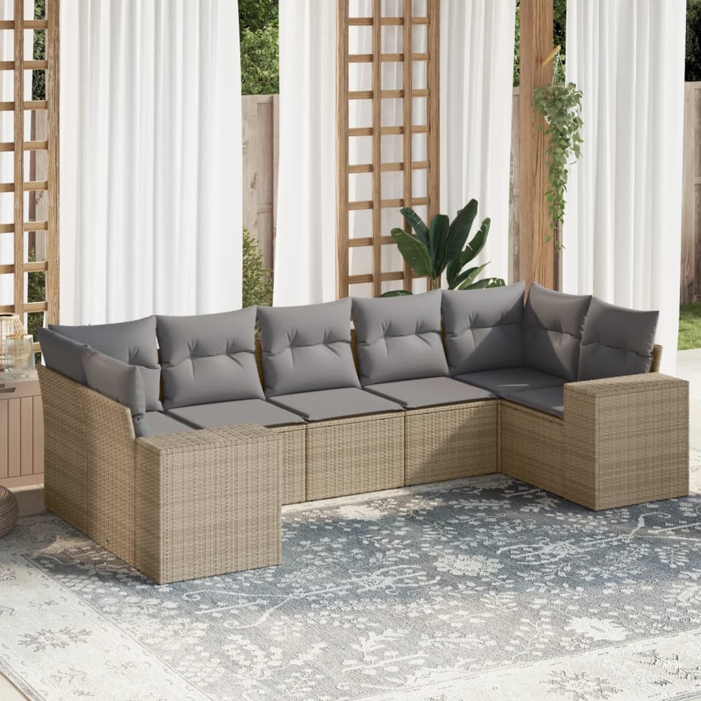 Set Divani Da Giardino 7 Pz Con Cuscini Beige In Polyrattan