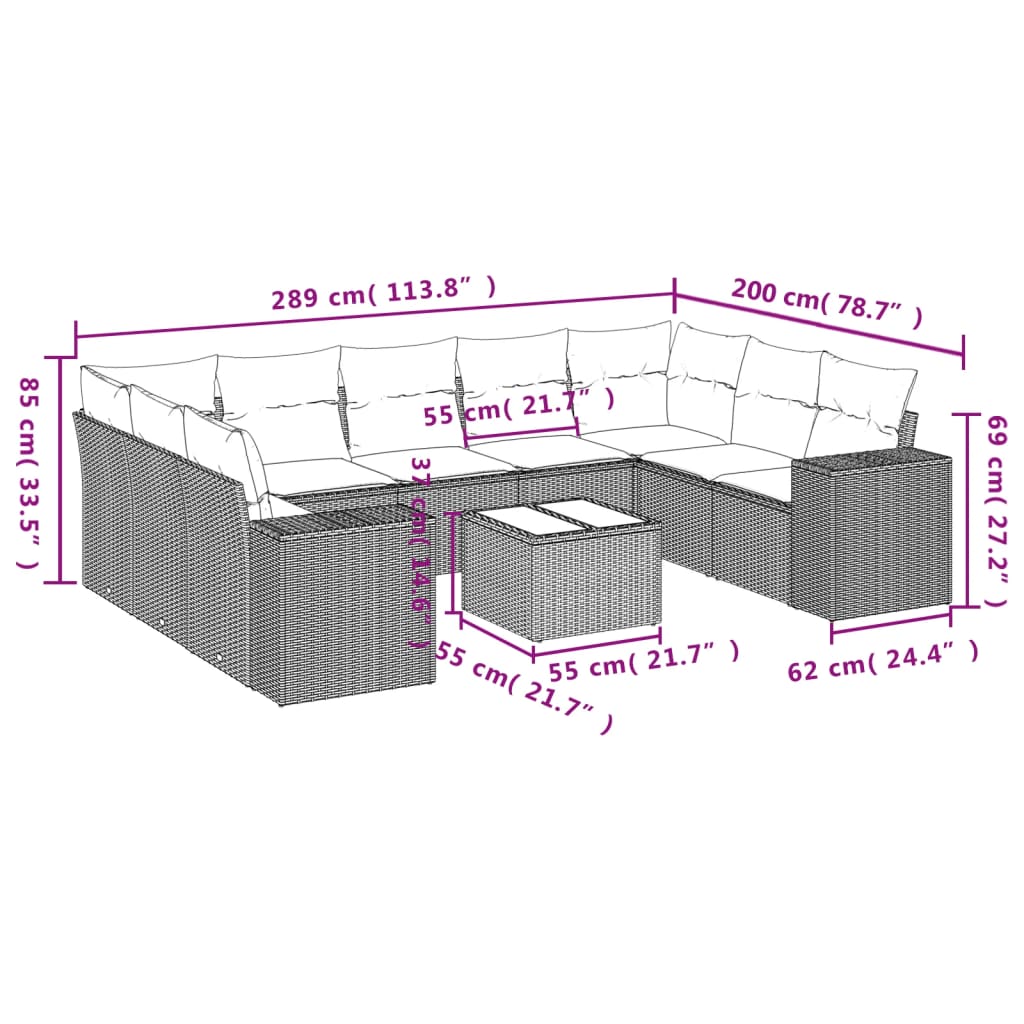 Set Divano Giardino 10 Pz Con Cuscini Grigio Chiaro Polyrattan - Image 3