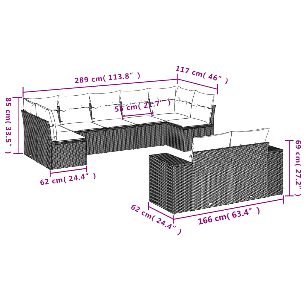 Set Divani Da Giardino 9 Pz Con Cuscini Nero In Polyrattan - Image 3