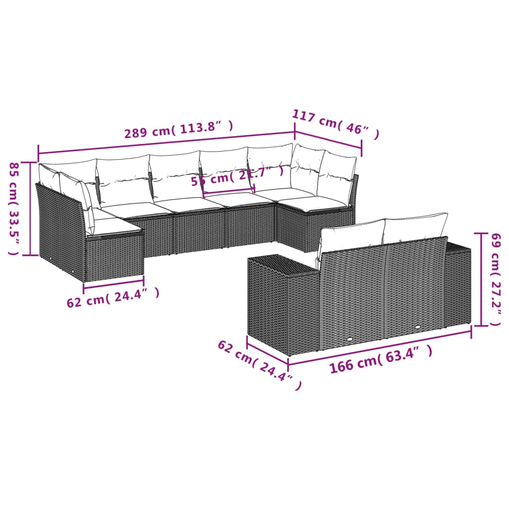 Set Divano Da Giardino 9pz Con Cuscini Grigio Chiaro Polyrattan - Image 3
