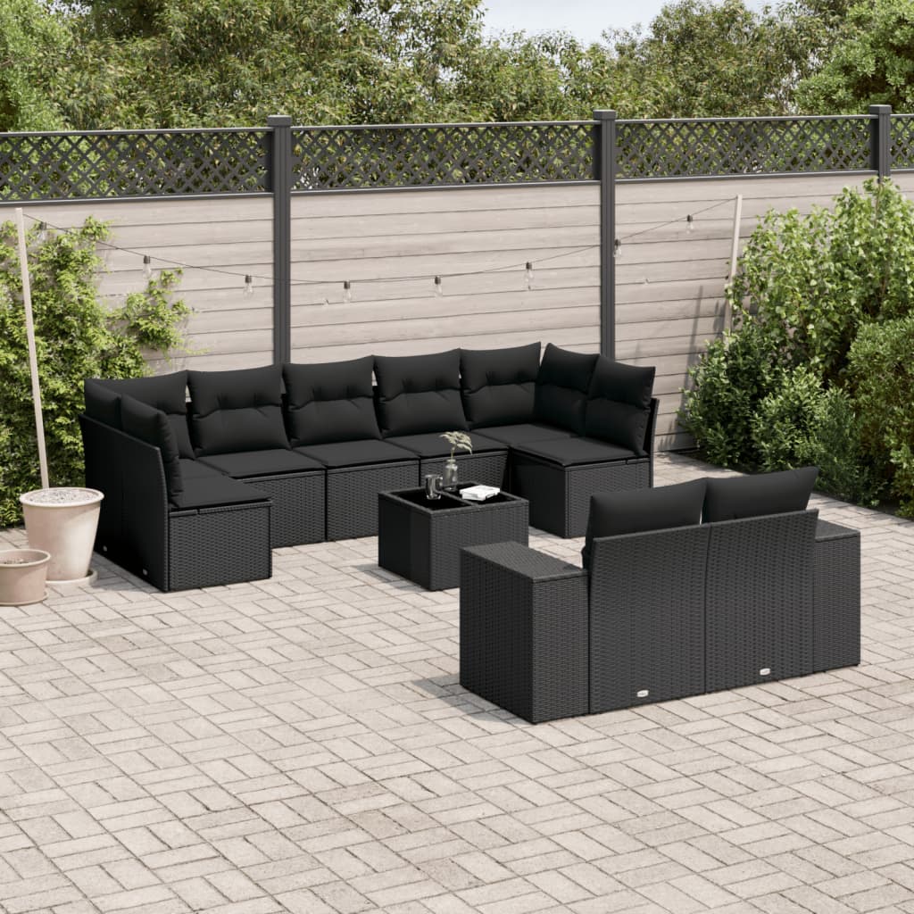 Set Divani Da Giardino 10pz Con Cuscini In Polyrattan Nero