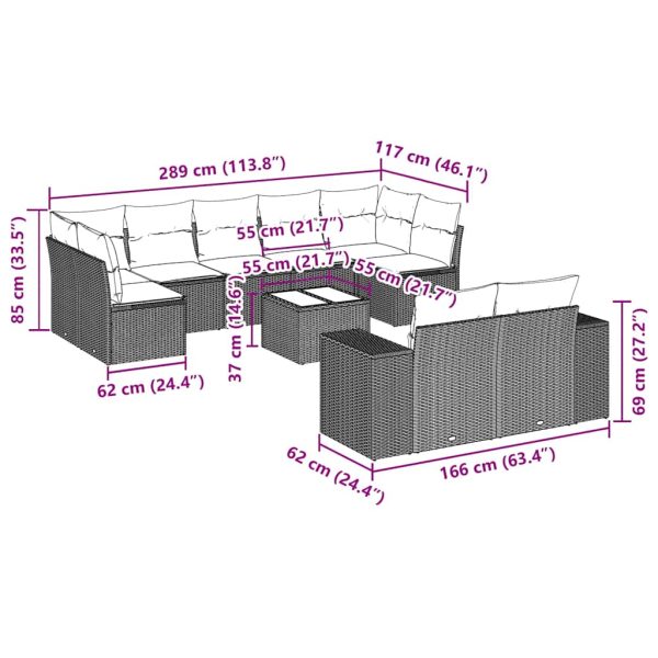 Set Divani Da Giardino 10pz Con Cuscini In Polyrattan Nero - Image 3