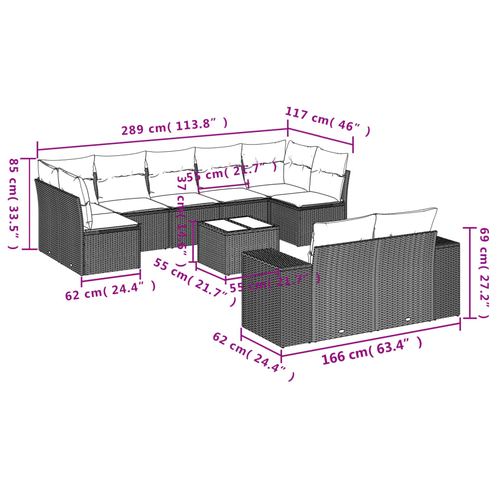 Set Divano Da Giardino 10 Pz Con Cuscini Grigio In Polyrattan - Image 3