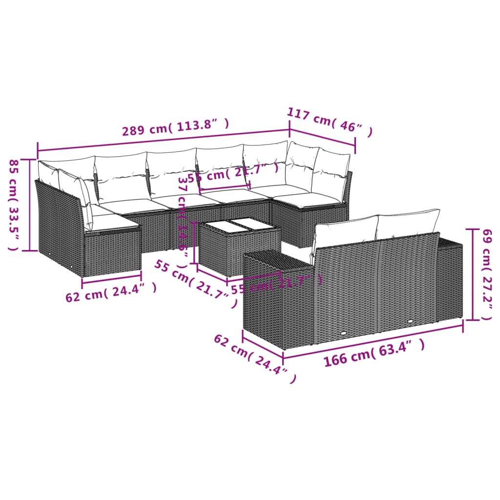 Set Divano Giardino 10 Pz Con Cuscini Grigio Chiaro Polyrattan - Image 3