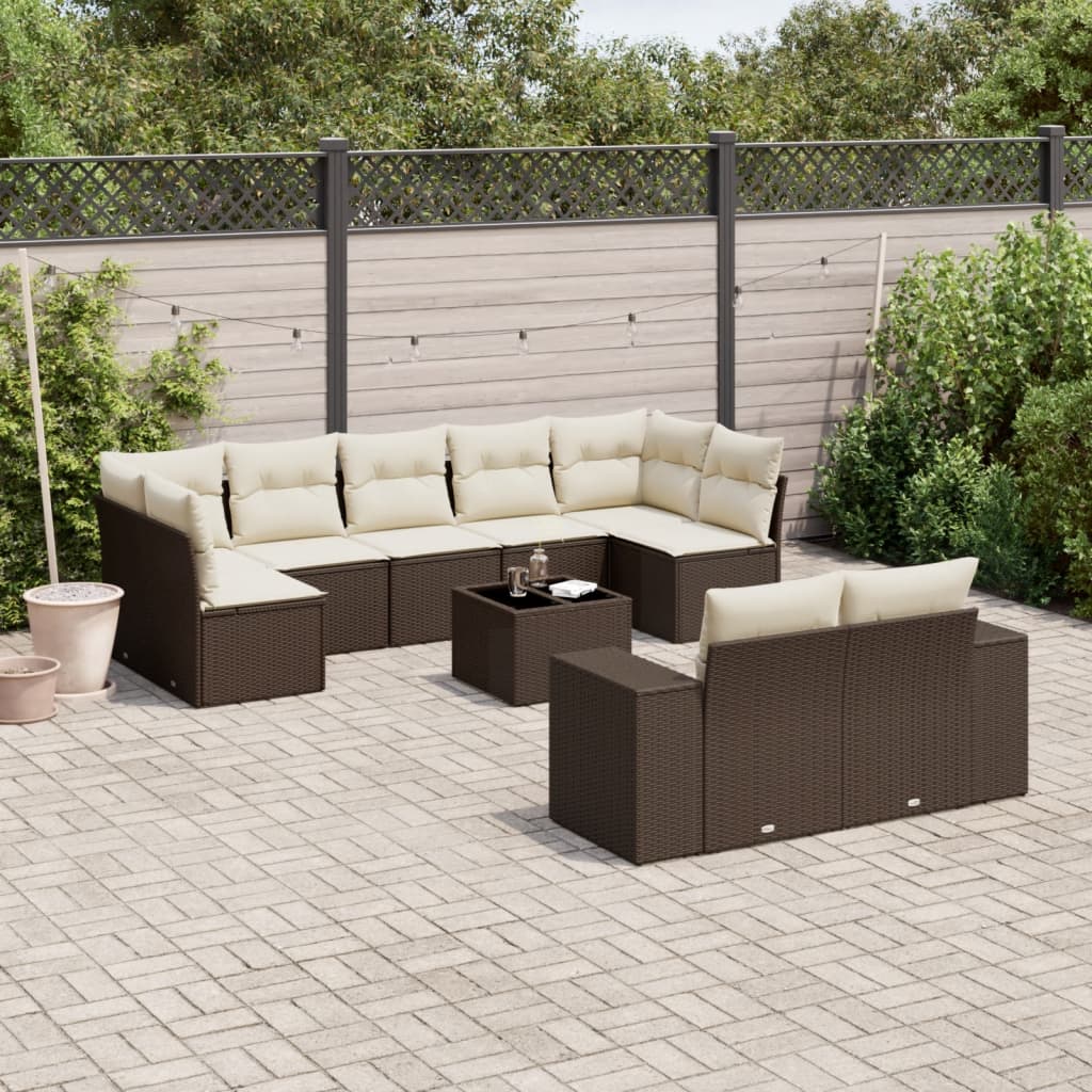 Set Divani Da Giardino 10pz Con Cuscini In Polyrattan Marrone
