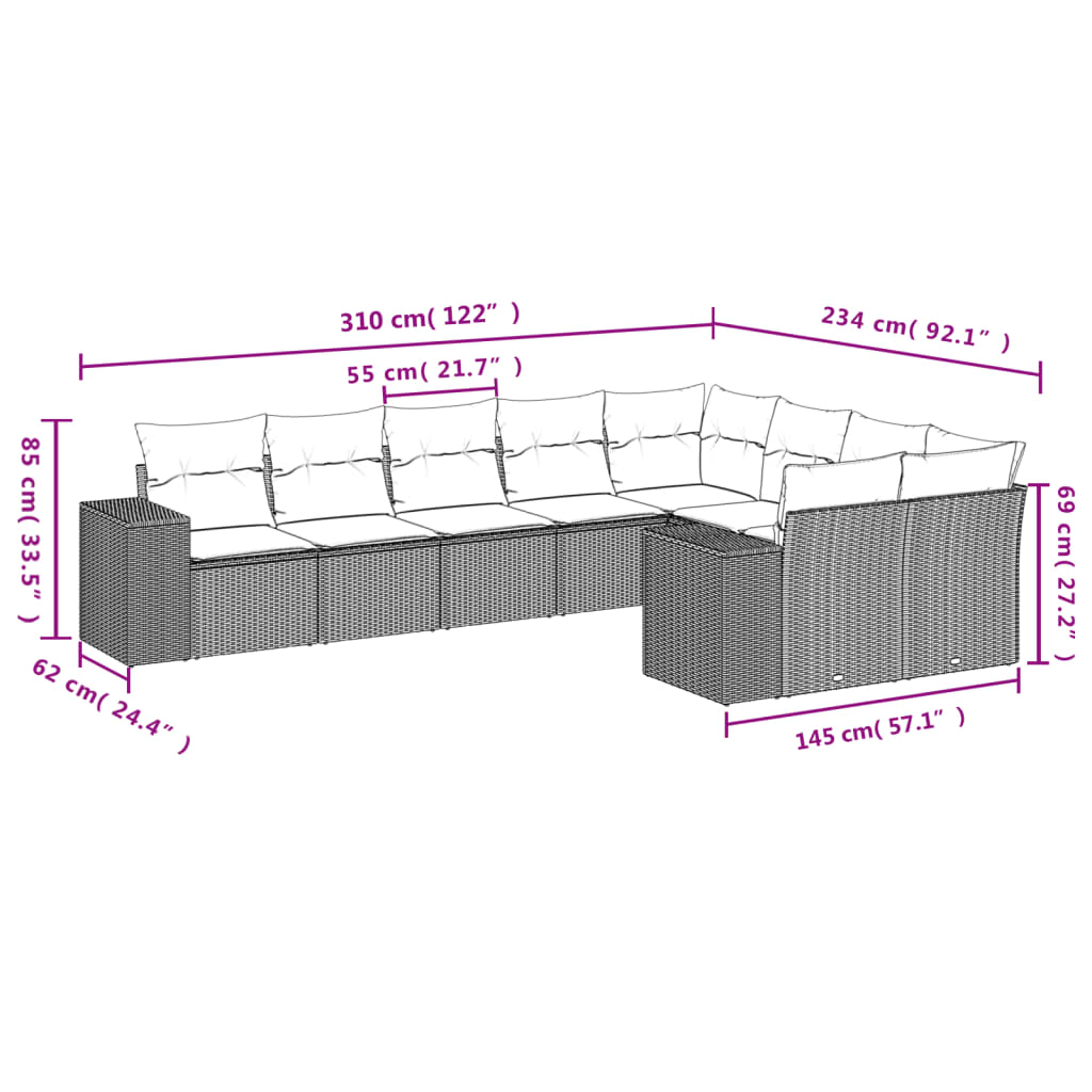 Set Divano Da Giardino 9 Pz Con Cuscini Beige In Polyrattan - Image 3