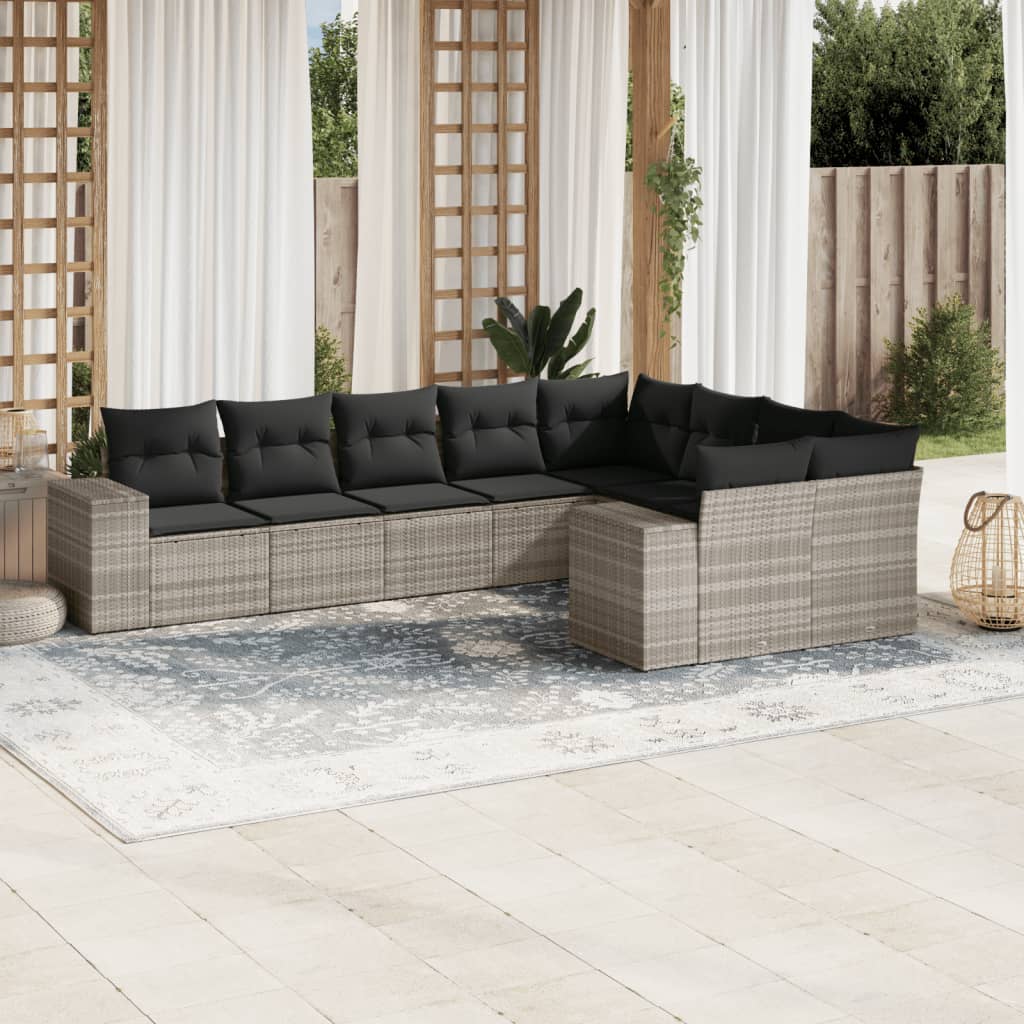 Set Divano Da Giardino 9pz Con Cuscini Grigio Chiaro Polyrattan