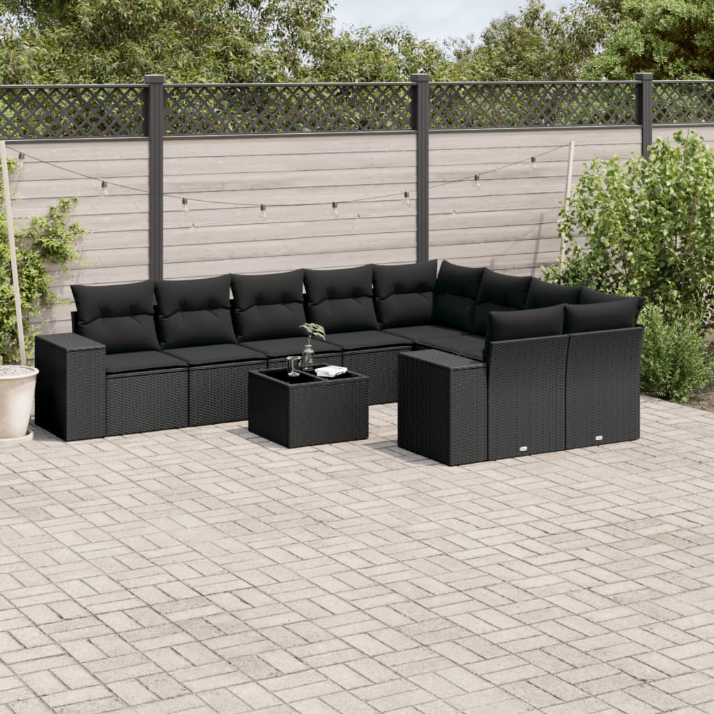 Set Divani Da Giardino 10pz Con Cuscini In Polyrattan Nero