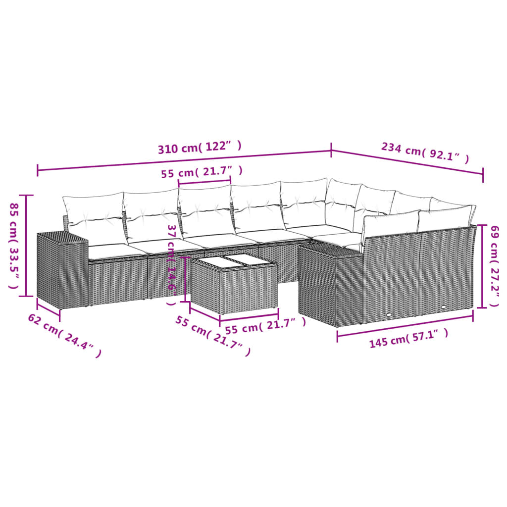 Set Divani Da Giardino 10pz Con Cuscini In Polyrattan Nero - Image 3
