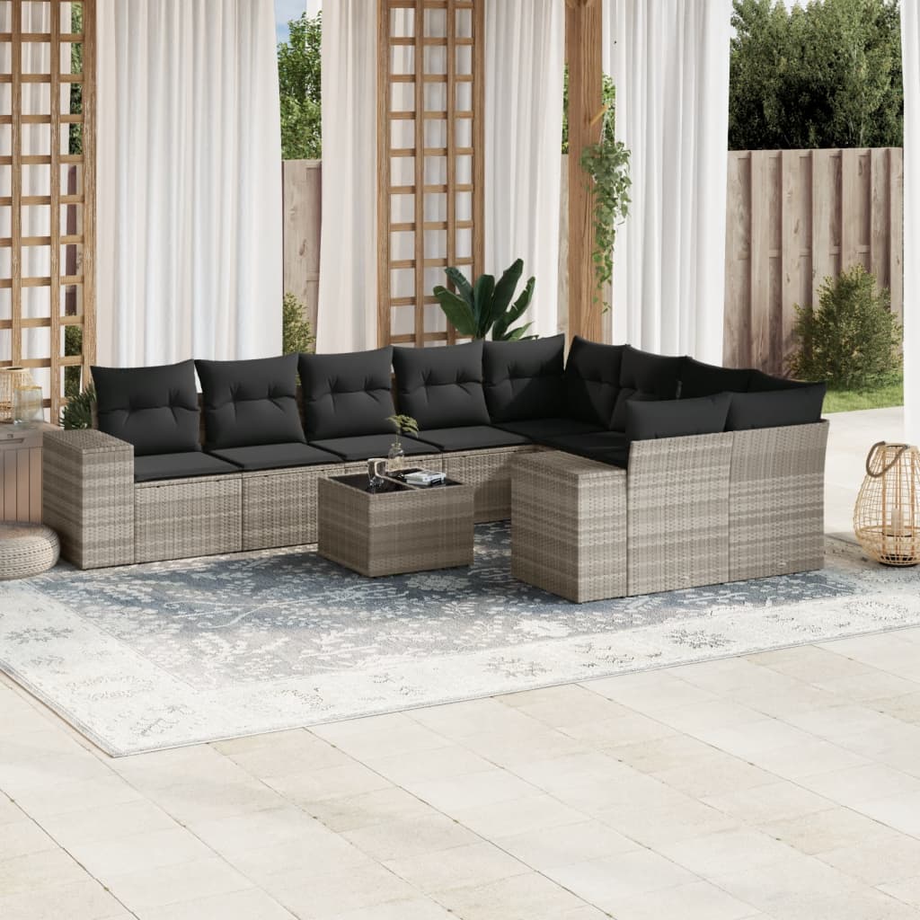 Set Divano Giardino 10 Pz Con Cuscini Grigio Chiaro Polyrattan