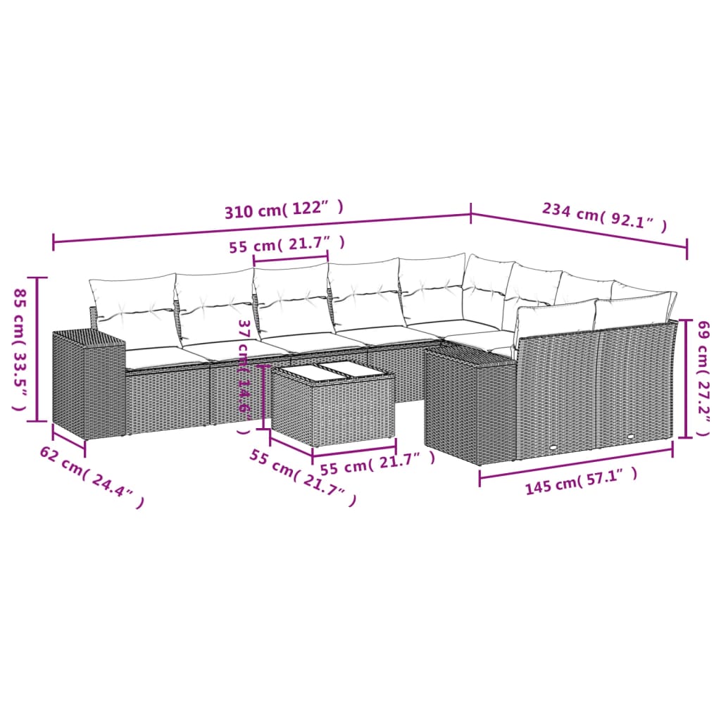 Set Divani Da Giardino 10pz Con Cuscini In Polyrattan Marrone - Image 3