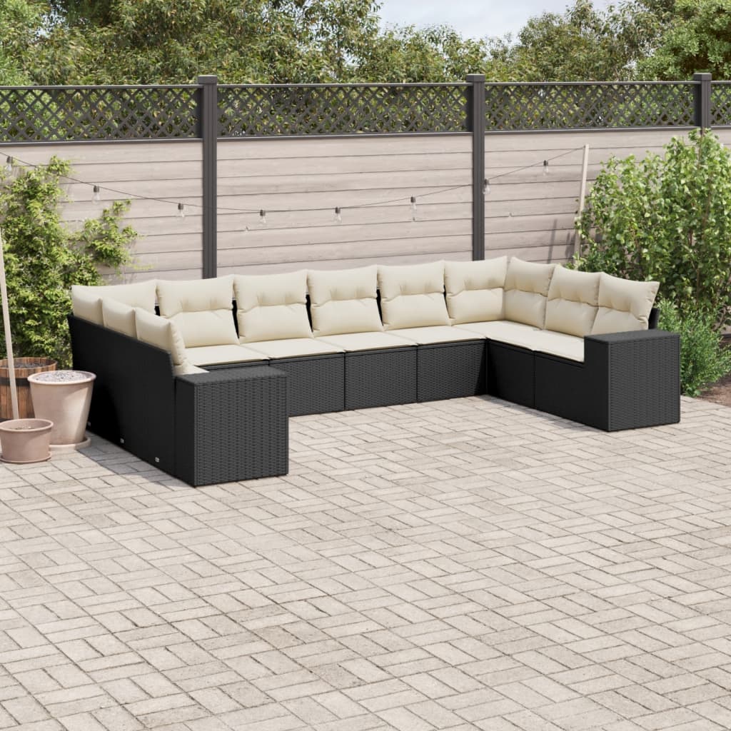 Set Divani Da Giardino 10pz Con Cuscini In Polyrattan Nero