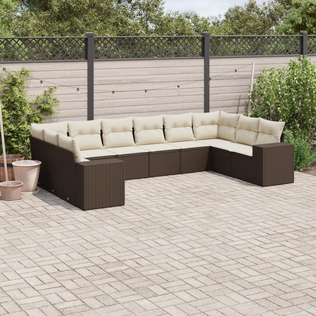 Set Divani Da Giardino 10pz Con Cuscini In Polyrattan Marrone