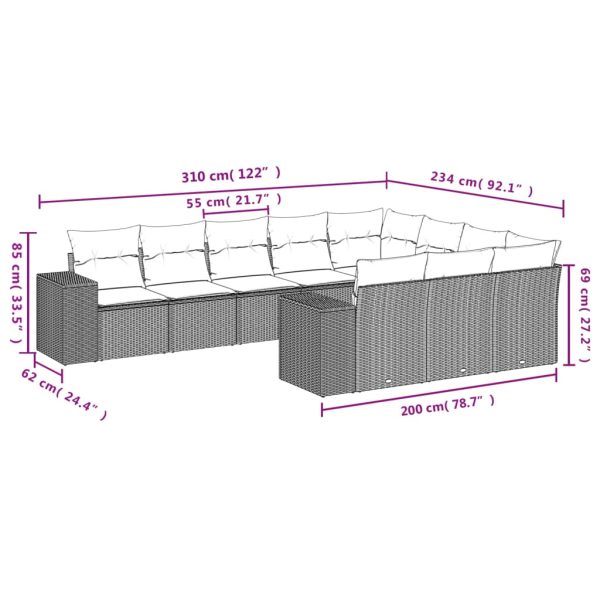 Set Divani Da Giardino 10pz Con Cuscini In Polyrattan Nero - Image 3