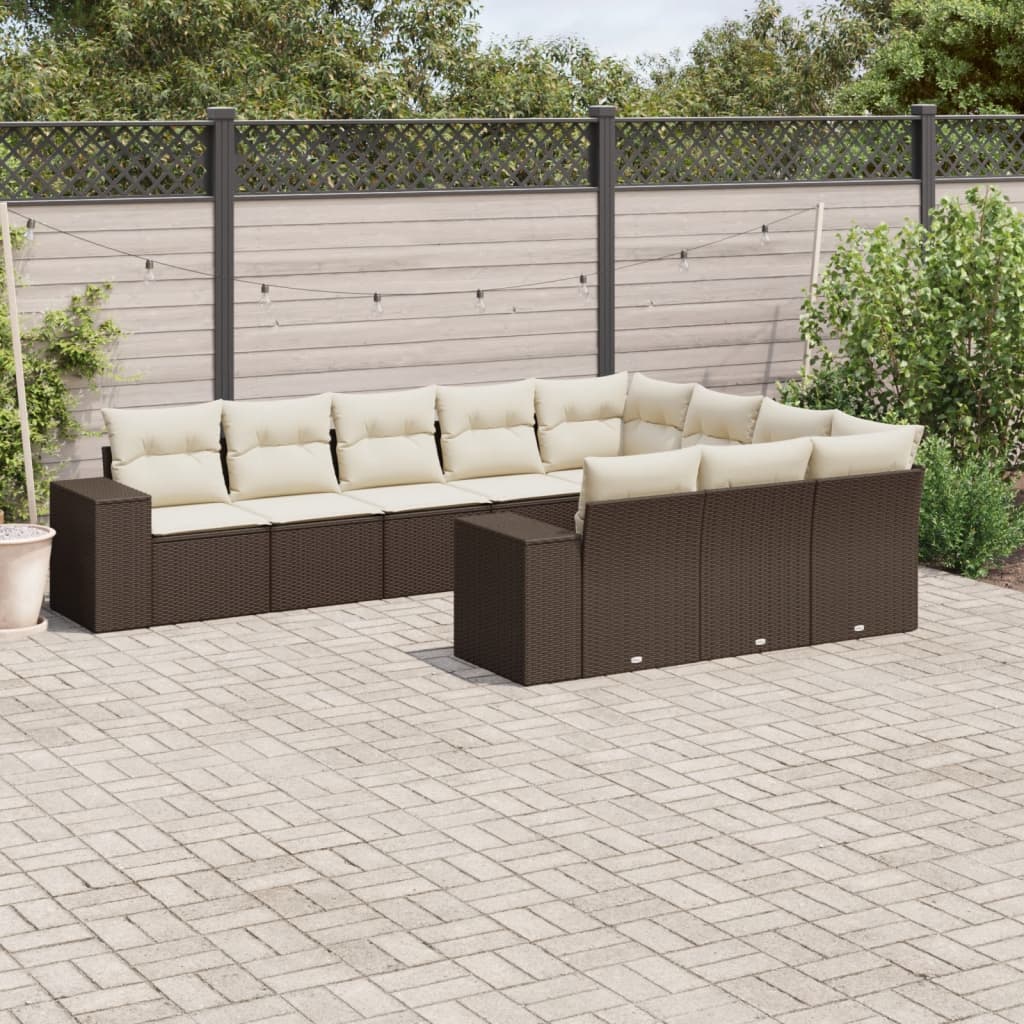 Set Divani Da Giardino 10pz Con Cuscini In Polyrattan Marrone
