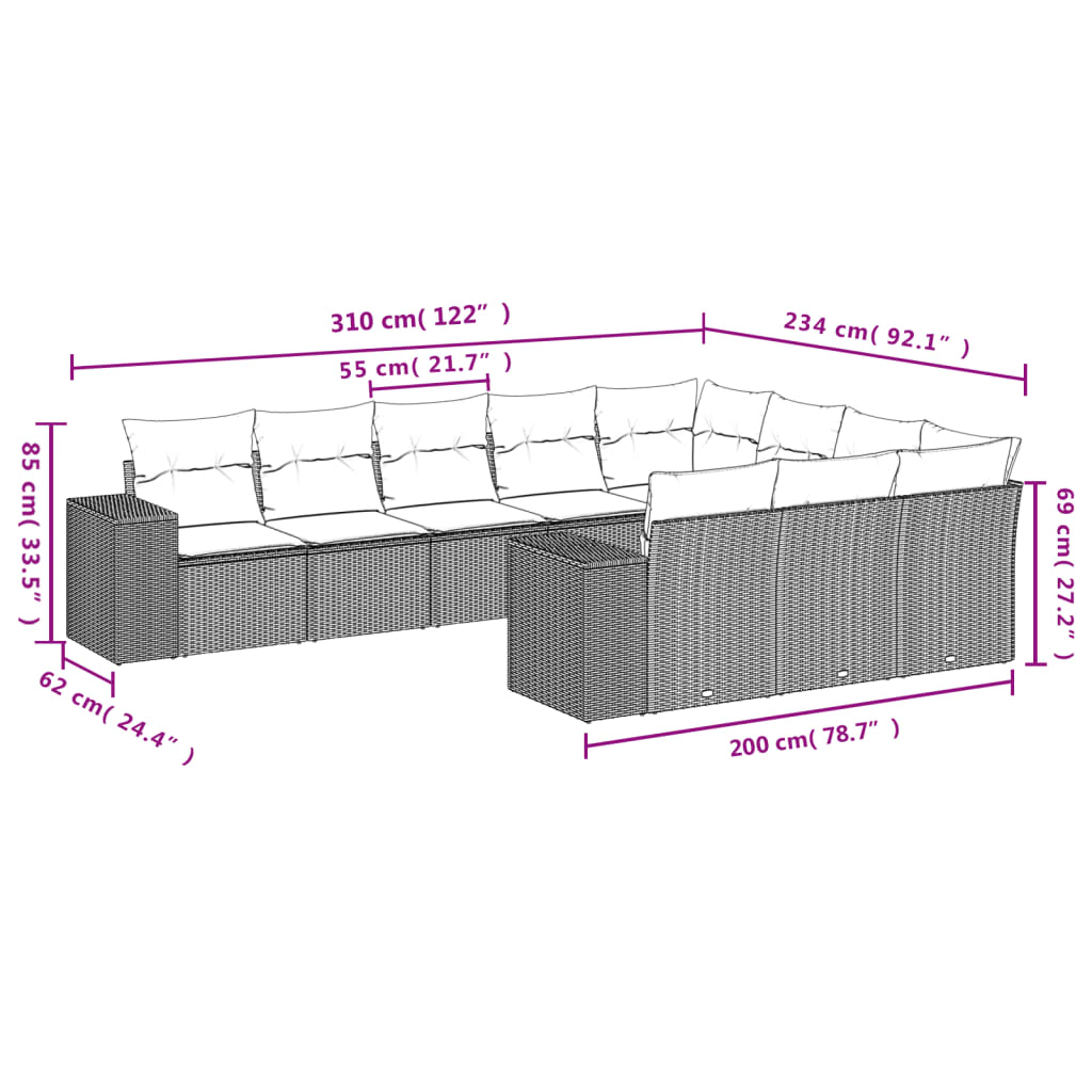 Set Divani Da Giardino 10pz Con Cuscini In Polyrattan Marrone - Image 3