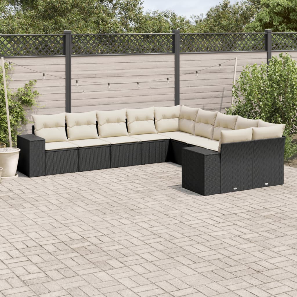 Set Divani Da Giardino 10pz Con Cuscini In Polyrattan Nero