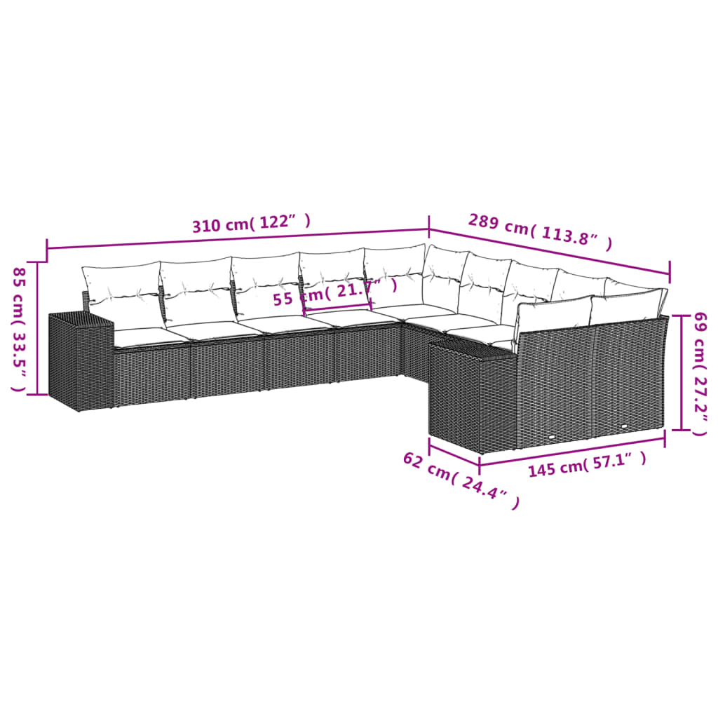 Set Divani Da Giardino 10pz Con Cuscini In Polyrattan Nero - Image 3