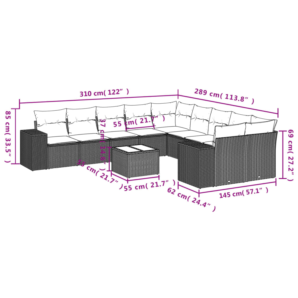 Set Divani Da Giardino 11 Pz Con Cuscini In Polyrattan Grigio - Image 3
