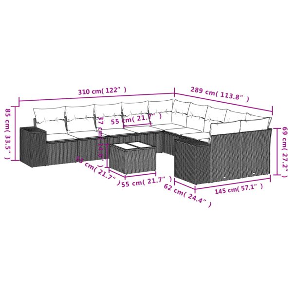 Set Divani Da Giardino 11 Pz Con Cuscini Polyrattan Marrone - Image 3