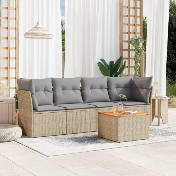 Set Divano Da Giardino 5 Pz Con Cuscini Beige Misto Polyrattan