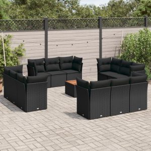 Set Divani Da Giardino 13pz Con Cuscini Nero In Polyrattan