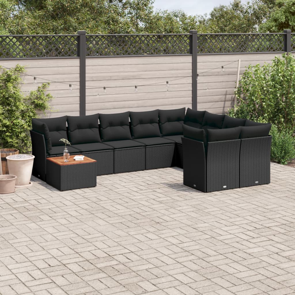 Set Divani Da Giardino 10pz Con Cuscini In Polyrattan Nero