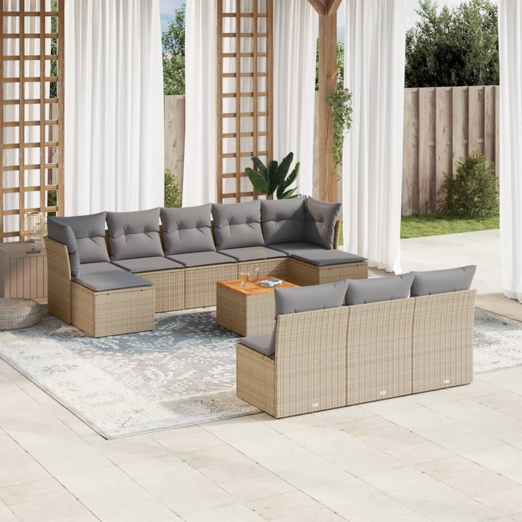 Set Divano Da Giardino 11 Pz Con Cuscini Beige Misto Polyrattan