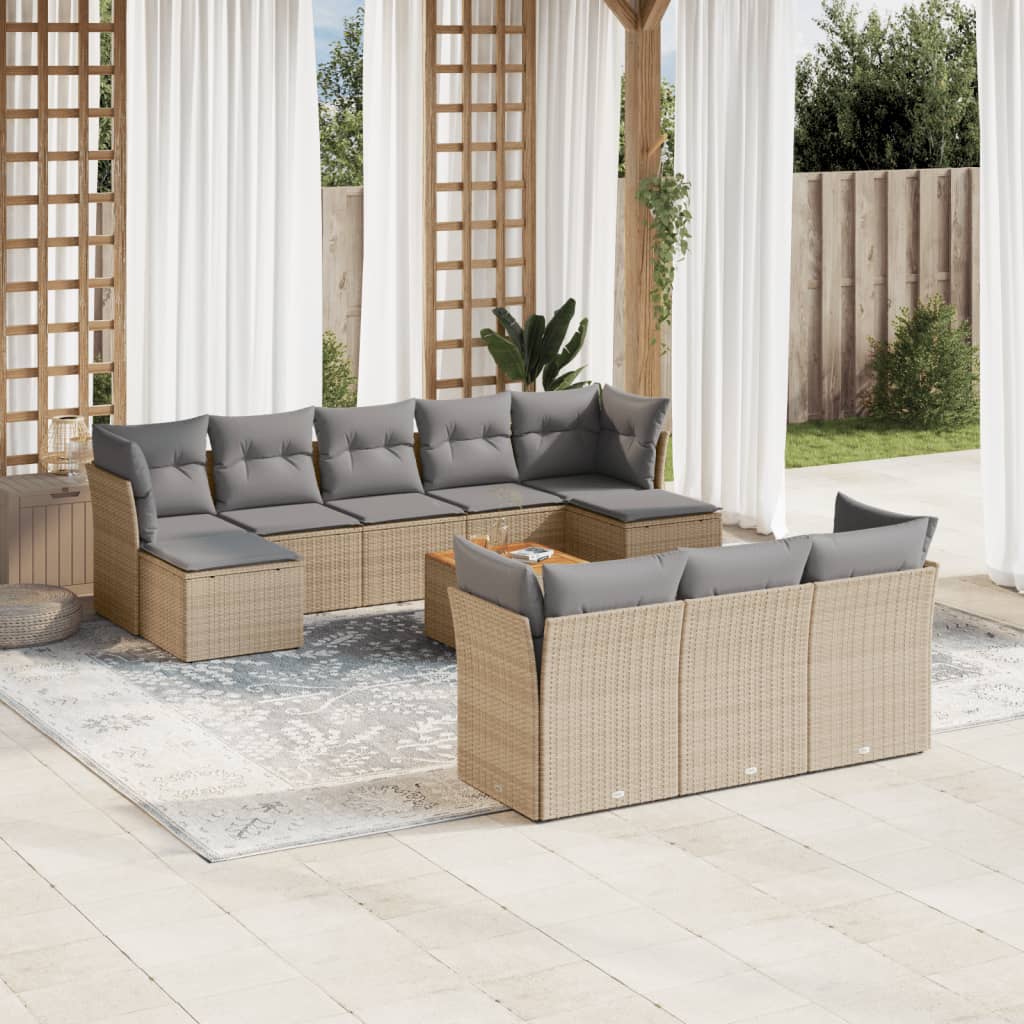 Set Divano Da Giardino 11 Pz Con Cuscini Beige Misto Polyrattan
