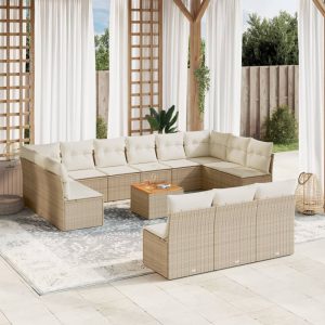Set Divani Da Giardino 14pz Con Cuscini In Polyrattan Beige