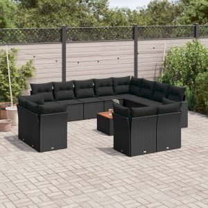 Set Divani Da Giardino 13pz Con Cuscini Nero In Polyrattan