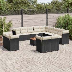 Set Divani Da Giardino 14pz Con Cuscini In Polyrattan Nero