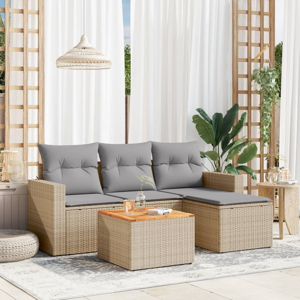 Set Divano Da Giardino 5 Pz Con Cuscini Beige Misto Polyrattan