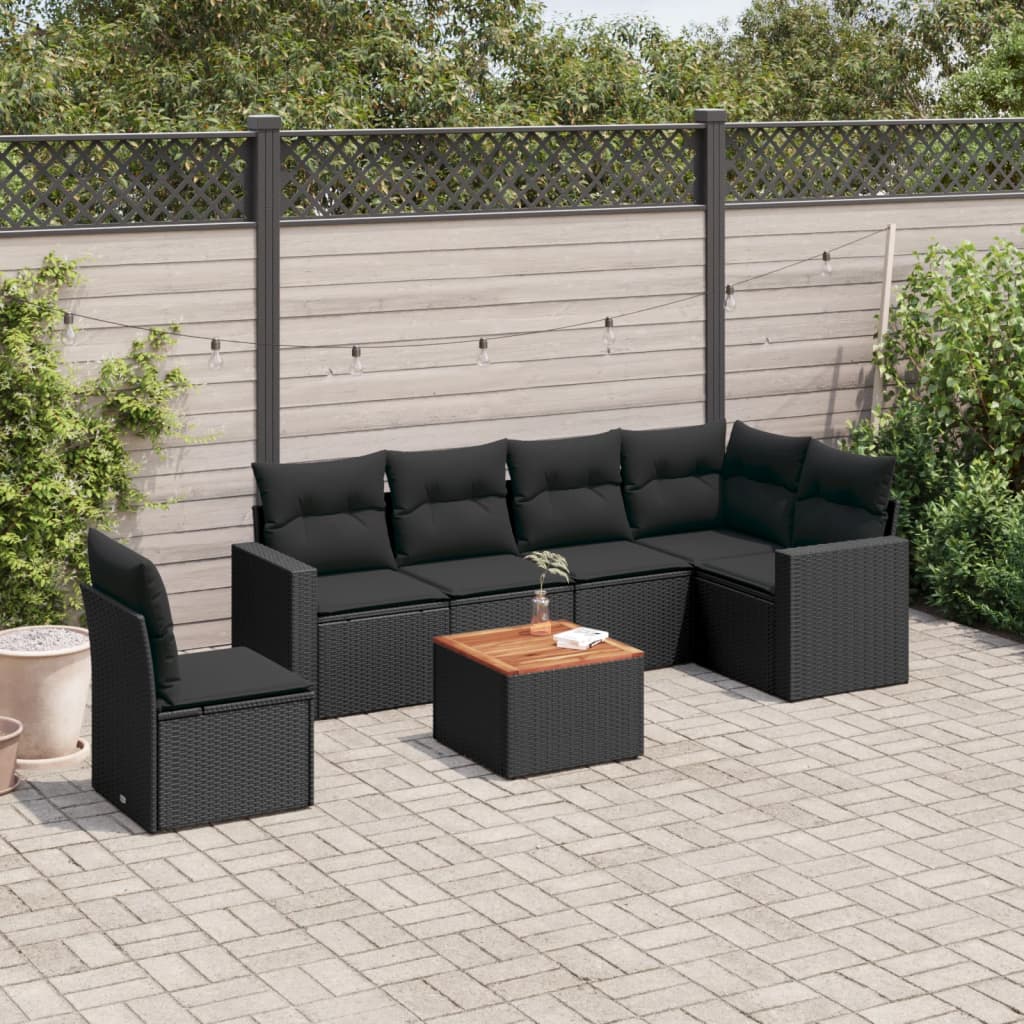 Set Divani Da Giardino Con Cuscini 7pz Nero Polyrattan