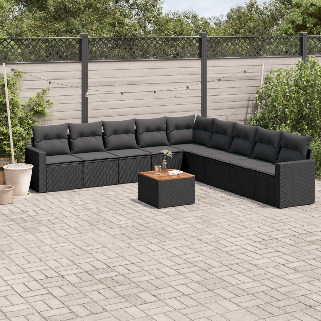 Set Divani Da Giardino 10pz Con Cuscini In Polyrattan Nero