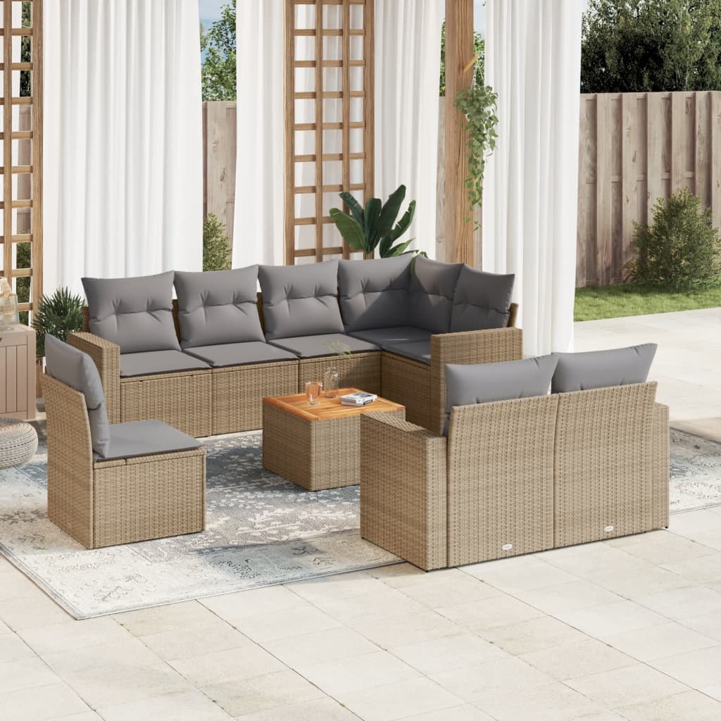 Set Divano Da Giardino 9 Pz Con Cuscini Beige Misto Polyrattan