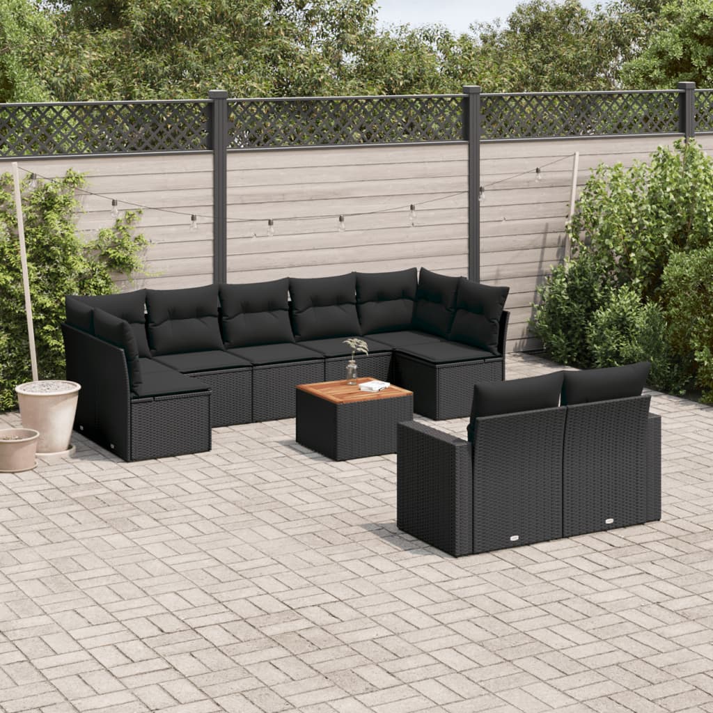 Set Divani Da Giardino 10pz Con Cuscini In Polyrattan Nero