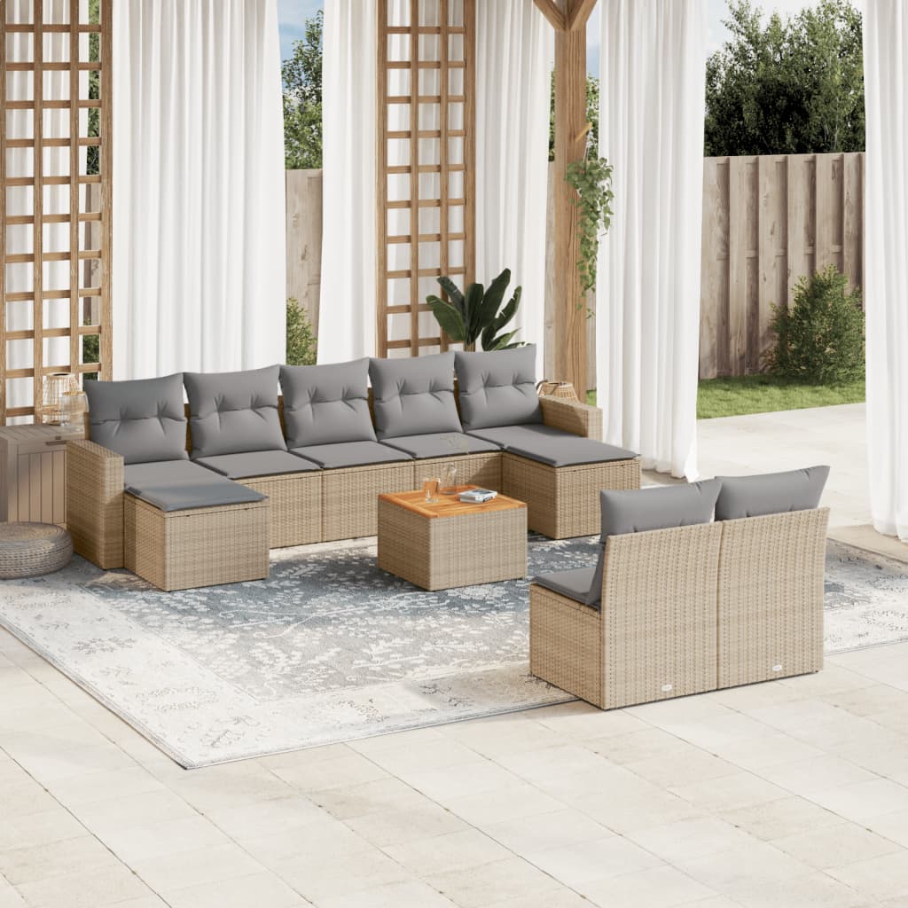 Set Divano Da Giardino 10 Pz Con Cuscini Beige Misto Polyrattan