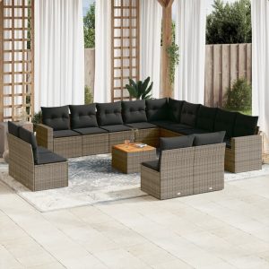 Set Divani Da Giardino 14pz Con Cuscini In Polyrattan Grigio