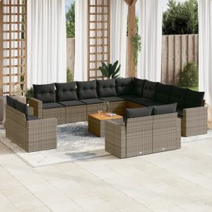 Set Divani Da Giardino 14pz Con Cuscini In Polyrattan Grigio