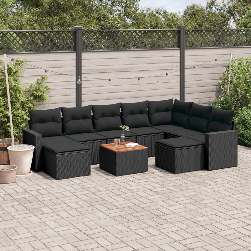 Set Divani Da Giardino 10pz Con Cuscini In Polyrattan Nero