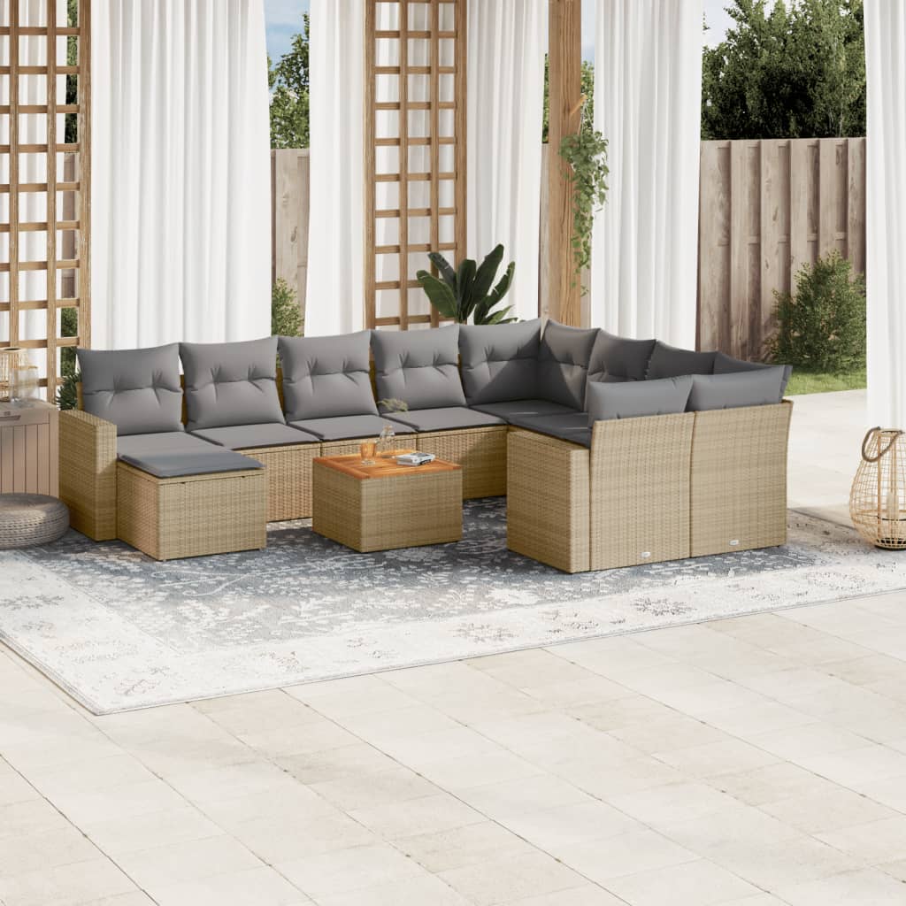 Set Divano Da Giardino 11 Pz Con Cuscini Beige Misto Polyrattan
