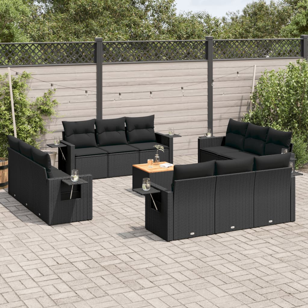 Set Divani Da Giardino 13pz Con Cuscini Nero In Polyrattan