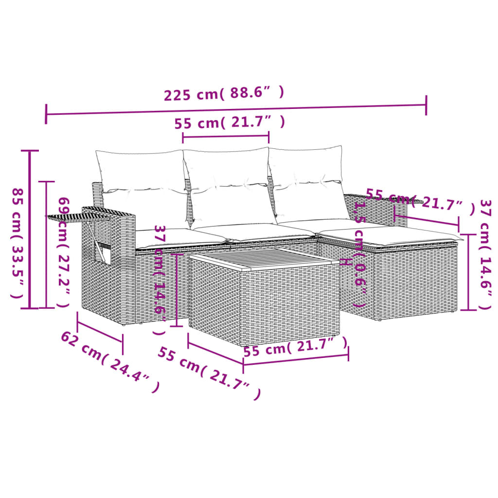 Set Divano Da Giardino 5 Pz Con Cuscini Grigio In Polyrattan - Image 3
