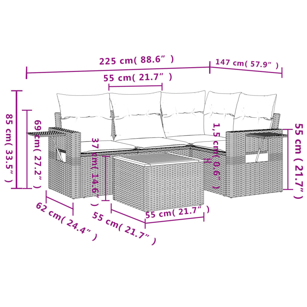Set Divano Da Giardino 5 Pz Con Cuscini Grigio In Polyrattan - Image 3