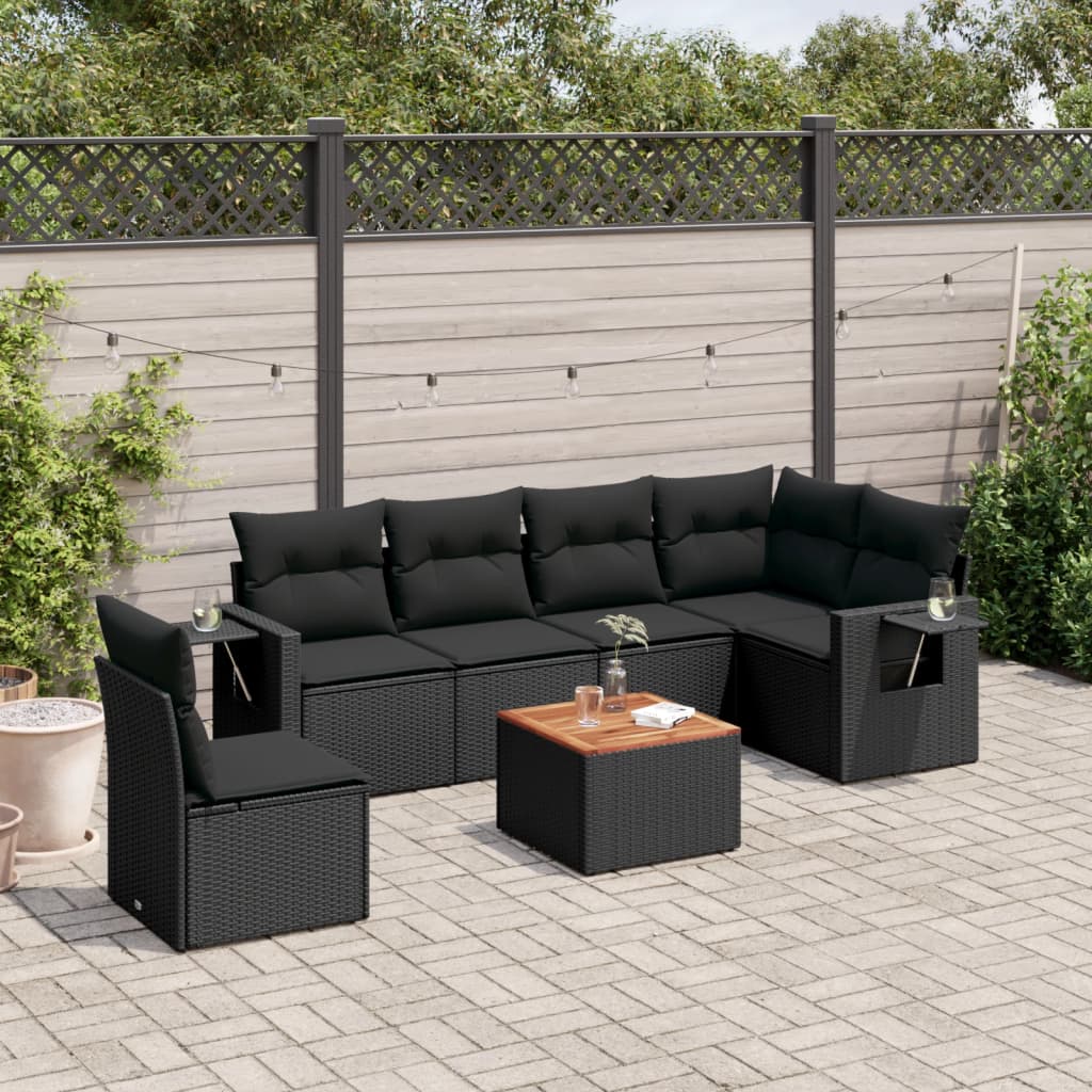 Set Divani Da Giardino Con Cuscini 7pz Nero Polyrattan