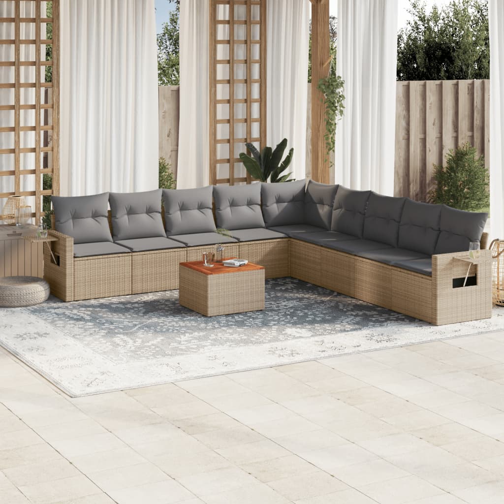 Set Divano Da Giardino 10 Pz Con Cuscini Beige Misto Polyrattan