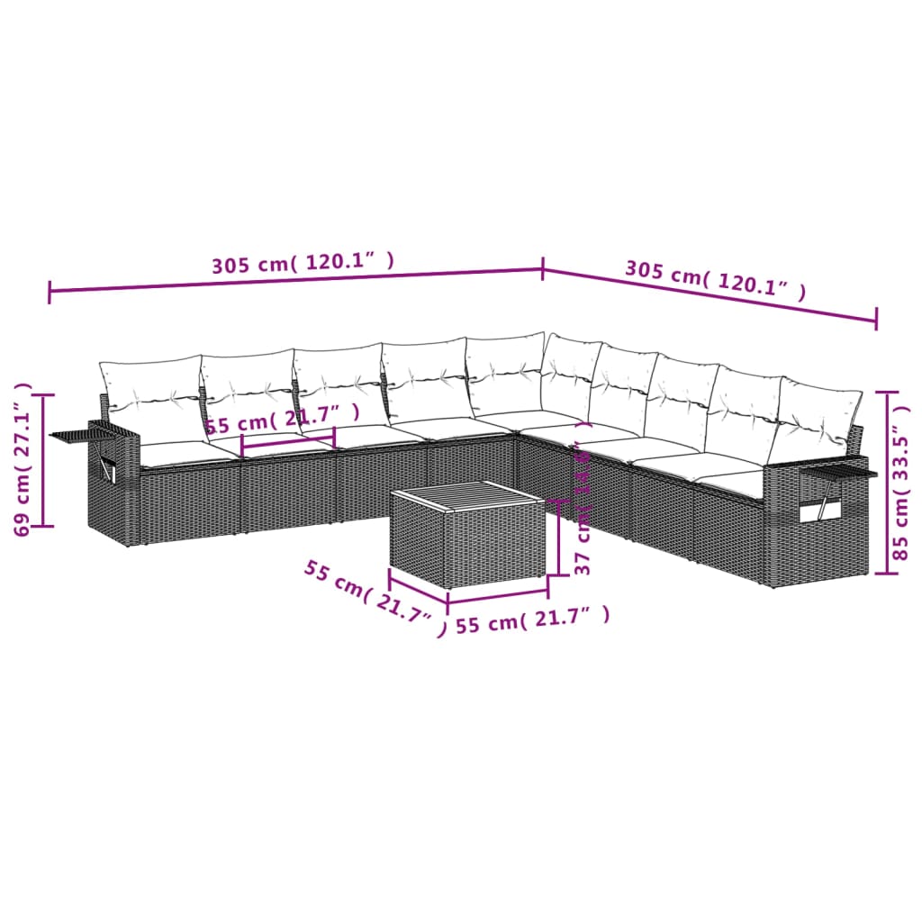 Set Divano Da Giardino 10 Pz Con Cuscini Beige Misto Polyrattan - Image 3