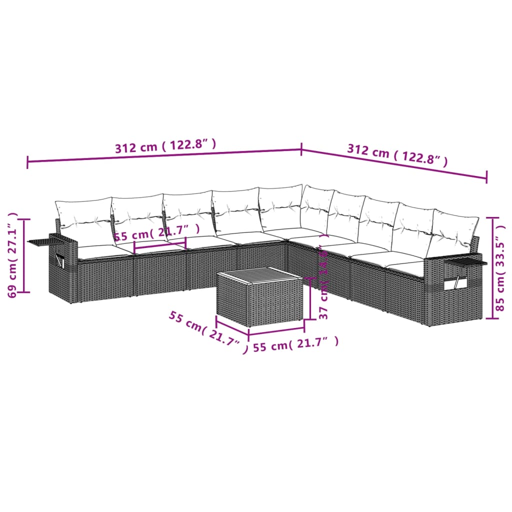 Set Divano Da Giardino 10 Pz Con Cuscini Grigio In Polyrattan - Image 3